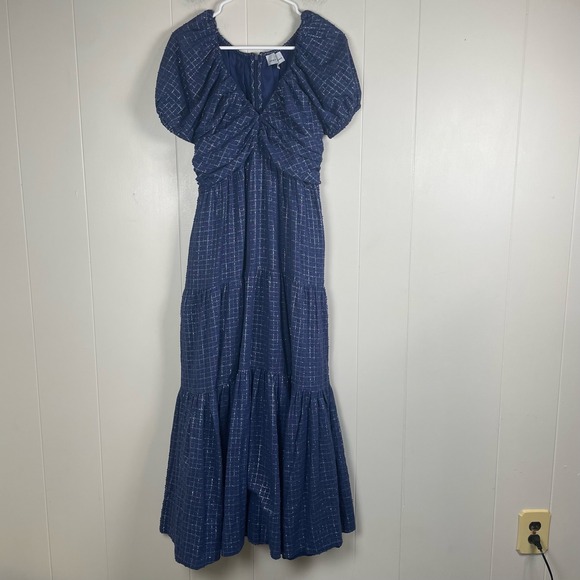 Never Fully Dressed Dresses & Skirts - Never Fully Dressed Navy Metallic Grid Puff Sleeve Maxi‎ Dress XS